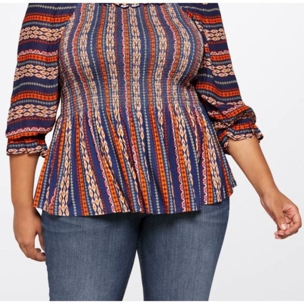Les Serein Bourges Smocked Knit Top Womens 1X Indigo Rayon Blend Boho Hippie NEW - Picture 1 of 11